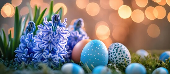 Poster - Springtime hyacinths with colorful Easter eggs and bokeh background creating a festive and vibrant seasonal atmosphere