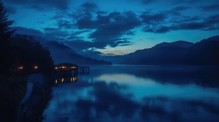 Aufkleber - Tranquil blue hour view of a hydroelectric dam reflecting in calm waters at sunrise amidst misty mountains and serene ambiance