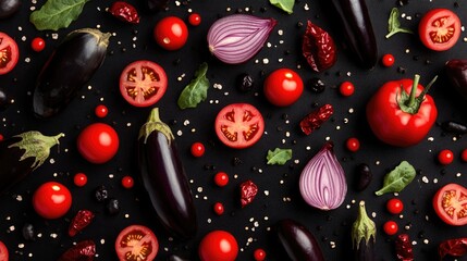 Poster - Contrast colored vegetables arrangement featuring eggplant, red onion, red pepper, and tomato on a dark background top view pattern.