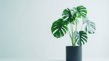 Poster - Variegated Monstera plant in a sleek black pot against a clean white background showcasing its unique foliage and modern aesthetic.