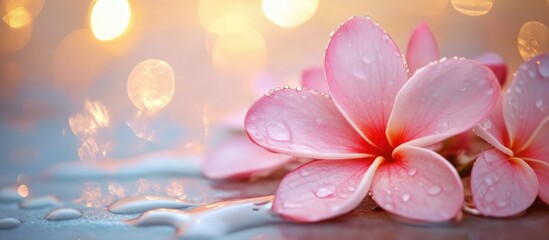 Aufkleber - Delicate pink flowers with raindrops on a blurred background of warm bokeh lights creating a serene and tranquil atmosphere.