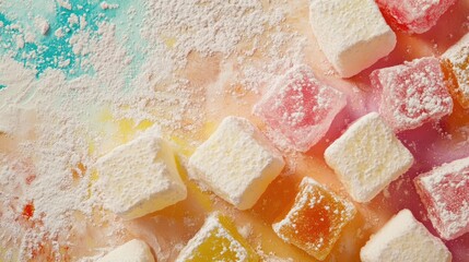 Poster - Colorful marshmallows and gummy candies on a textured background perfect for winter treats and party snacks with space for text