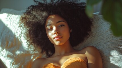 Poster - An inviting moment unfolds as a young woman lounges comfortably at home, absorbed in her book while warm sunlight filters through nearby windows, casting gentle shadows around her