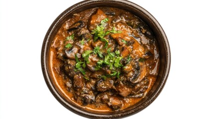 Poster - Delicious mushroom butter masala served in a brown bowl topped with fresh cilantro on a white background.
