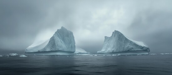 Poster - Majestic icebergs emerging from a serene glacial lagoon under dramatic overcast skies in a stunning national park setting