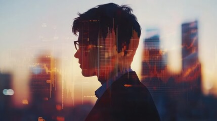 Poster - Double exposure of businessman analyzing financial statistics with cityscape and market data projections for investment strategies
