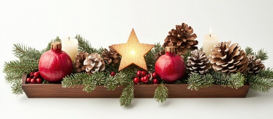 Poster - Christmas centerpiece arrangement with pine cones pomegranates candles and a glowing star in a natural eco friendly design on a white background