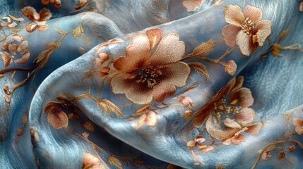 Poster - Pale Blue Crepe de Chine Silk Fabric with Brown Floral Pattern and Textured Finish for Elegant Fashion and Textile Backgrounds