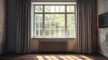 Poster - Spacious empty living room featuring metal radiator under a window with heavy curtains and elegant wooden flooring