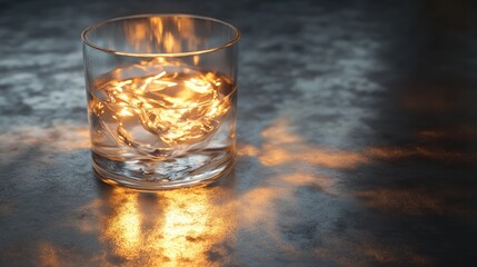 Poster - Crystal glass illuminated by warm light reflections on a textured surface creating a serene and captivating atmosphere