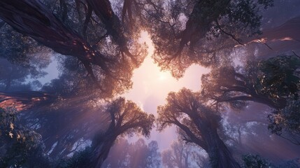 Poster - Majestic forest canopy illuminated by soft sunlight creating a serene atmosphere from a ground perspective
