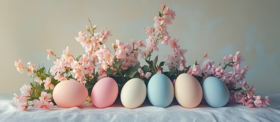 Poster - Easter eggs arranged with pink flowers on a soft light background for a pastel-themed spring celebration