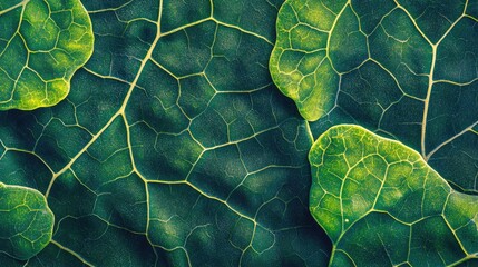 Poster - Fresh green foliage close-up showcasing intricate leaf patterns illuminated by sunlight on a summer day in a natural abstract background.