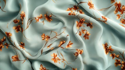 Poster - Silk Crepe de Chine Pale Blue Fabric with Brown Floral Pattern and Textured Background