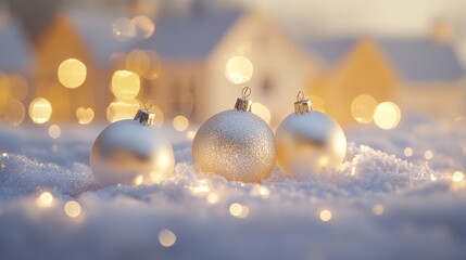 Poster - Elegant Christmas ornaments in snow with bokeh effect and warm lights creating a festive atmosphere for holiday greetings or cards.