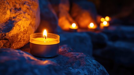 Poster - Glowing candles illuminated on rocks creating a serene ambiance in a tranquil outdoor setting at dusk