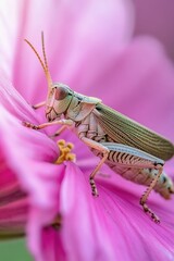 Wall Mural - Grasshopper on Pink Flower