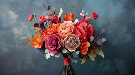 Poster - Colorful Handmade Paper Flower Bouquet Arrangement on a Softly Lit Background