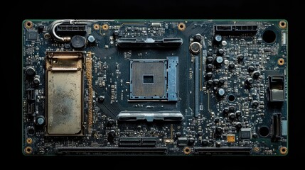 Poster - CPU mainboard and RAM components showcased for repair on a dark surface emphasizing technology and electronics maintenance.