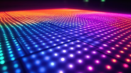 Poster - Close up of vibrant glowing disco lights creating a colorful illuminated pattern on a dark dance floor environment