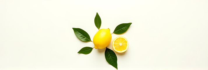 Poster - A simple top view of lemons and leaves against a white background conveys concepts related to healthy eating and fresh produce._00004_