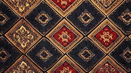 Poster - Vintage fabric textile pattern with ornate squares in deep colors creating a rich background art for decor or design projects.