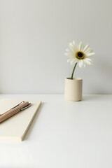 Poster - A simple home office scene features a desk with a pen holder and a single flower on a clean white surface._00004_