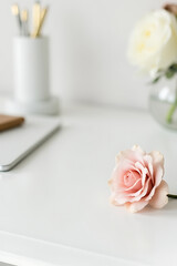 Poster - A simple home office scene features a desk with a pen holder and a single flower on a clean white surface._00003_