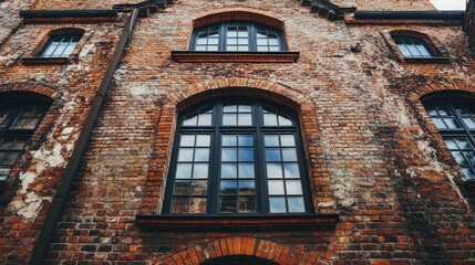 Poster - Historic brick factory facade featuring classic window design and weathered textures. Ideal for urban architecture and heritage themes.