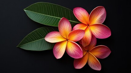 Poster - Frangipani flowers and leaves elegantly arranged on a contrasting black background showcasing vibrant colors and intricate textures
