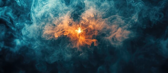 Poster - Vibrant fire sparkler illuminating thick smoke creating an abstract fireworks backdrop in dark atmospheric setting