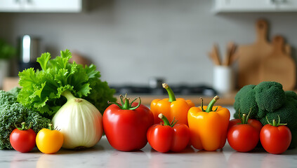 Poster - A set of various healthy vegetables arranged on a table in front of a kitchen counter for creative purposes._00001_