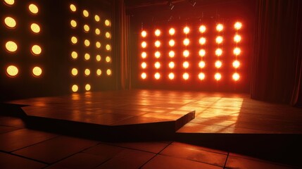 Poster - Empty stage illuminated by vibrant lights ready for a performance with wooden flooring and curtains in a theatrical setting