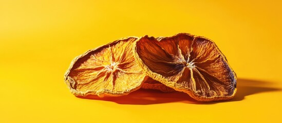 Poster - Dried orange slices beautifully arranged on a vibrant yellow background showcasing the texture and color contrast for culinary or decorative use