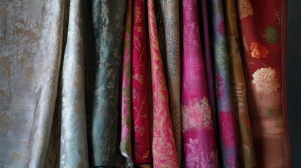 Poster - Colorful selection of luxurious fabrics showcasing intricate patterns and textures ideal for design and textile industry use