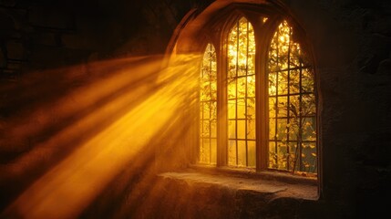 Poster - Warm golden hour sunlight streaming through a vintage window illuminating a serene indoor space with nature outside.