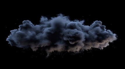 Poster - Black smoke or dust cloud explosion on black background creating a dramatic visual effect suitable for various artistic or design projects.