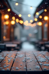 Aufkleber - A serene wooden table top stands empty amidst a winter wonderland scene of gentle snowfall and soft bokeh cafe lights._00004_