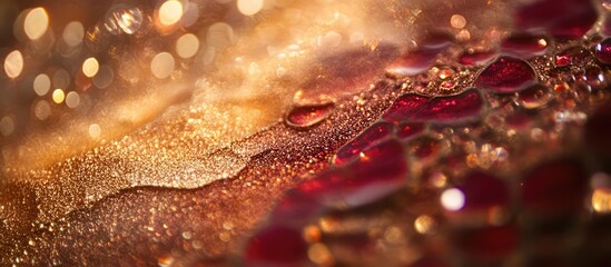 Poster - Glittering textured backdrop featuring shimmering gold and red bokeh with water droplets for an elegant and vibrant aesthetic.