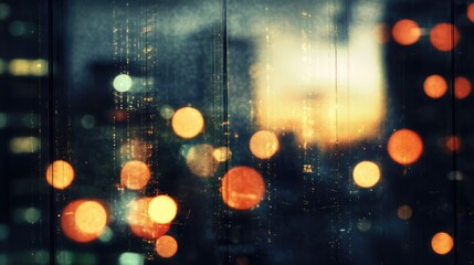 Poster - Digital composite of city lights with bokeh effect and abstract network connections in a dark urban environment at dusk