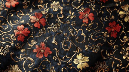 Poster - Elegant floral fabric pattern with gold and red accents on a dark background suitable for diverse design projects.