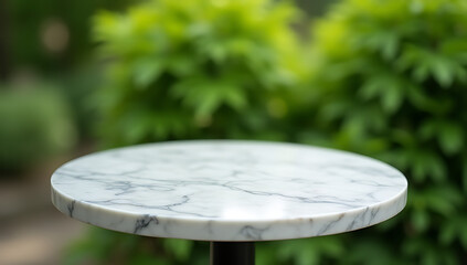 Aufkleber - A selective focus image of a circle marble table top on a blur green garden background is suitable for a key visual or design layout._00002_