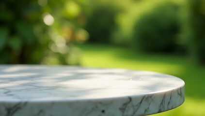 Aufkleber - A selective focus image of a circle marble table top on a blur green garden background is suitable for a key visual or design layout._00004_