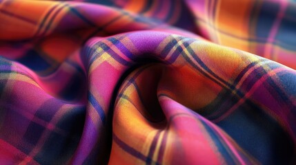 Poster - Vibrant plaid fabric texture in warm tones showcasing an abstract design for creative backgrounds and textile projects