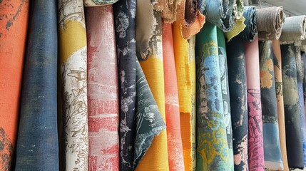 Aufkleber - Colorful fabric swatches displayed in a row showcasing various textures and patterns ideal for interior design and fashion inspiration.
