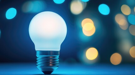 Poster - Illuminated light bulb against a vibrant blue bokeh background showcasing creativity and modern technology in lighting design.