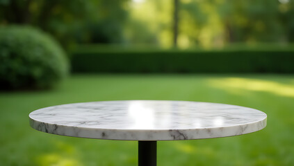 Aufkleber - A selective focus image of a circle marble table top on a blur green garden background is suitable for a key visual or design layout._00001_
