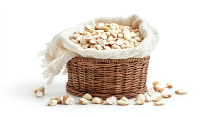 Poster - Woven basket filled with shelled almonds surrounded by a light fabric on a clean white background.