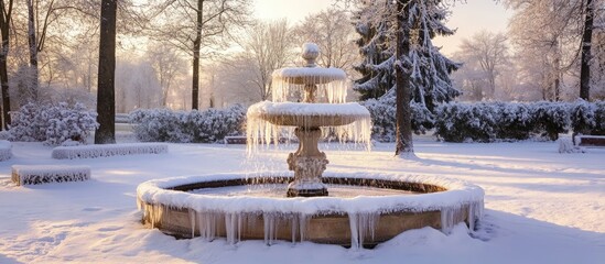 Poster - Winter landscape featuring a frozen fountain blanketed in thick snow under a serene morning light in a snowy park setting