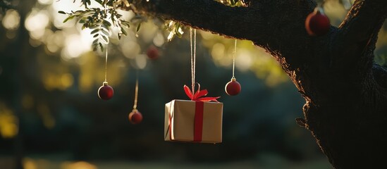 Poster - Hanging gift box and ornaments on a tree branch during festive season creating a magical and cheerful atmosphere in nature